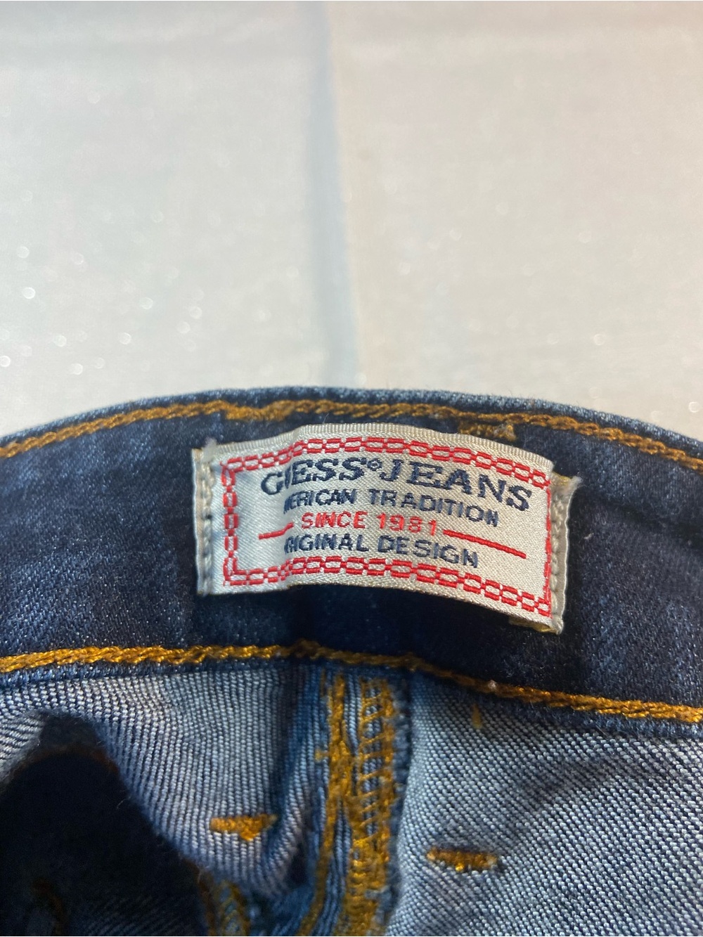 Guess Men's Dark Blue Skinny Jeans with Gold Stitching